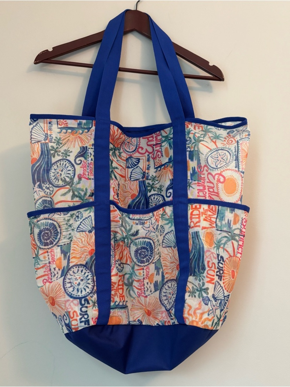 Large Beach Swim Mesh Tote 4 Open Pockets, Bright Colors, “Surf” + “Sun” Text